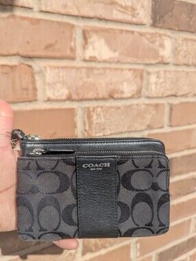Coach Signature Stripe Double Zip Wallet Wristlet Canvas & Leather Black Silver